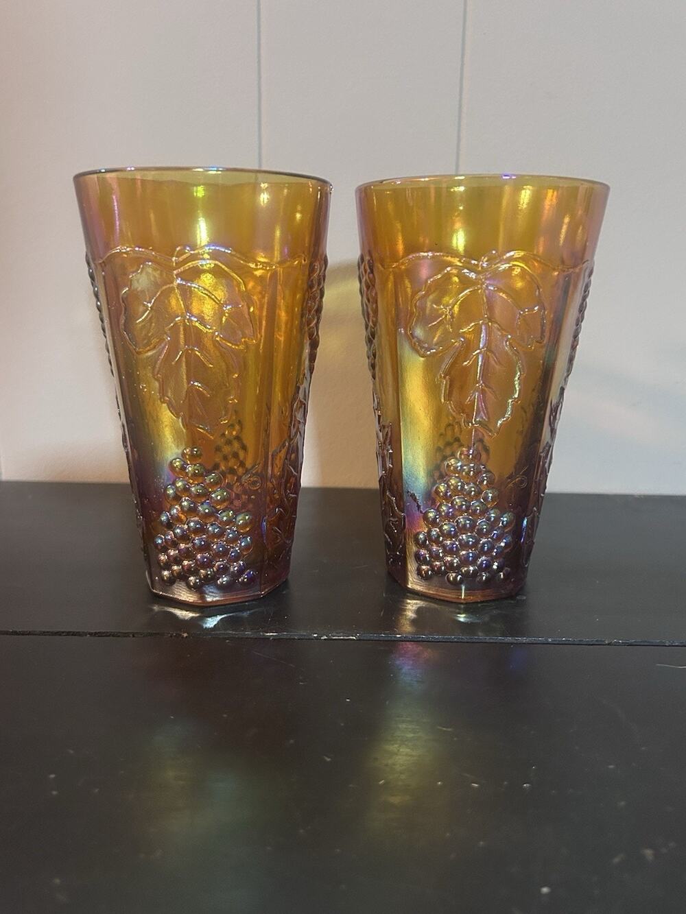Vintage Amber Iridescent Carnival Glass Grape Tumbler Glasses Set of 2 6”